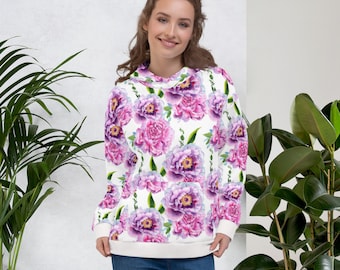 Purple & Pink Floral Hoodie Sweatshirt For Women / Ladies Pink And Purple Peonies Hooded Sweat Shirt