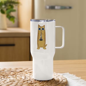 Cool chat jouant de la clarinette / Cadeau joueur de clarinette / Mug de voyage clarinettiste / Cadeau chat musicien / Mug de voyage avec anse