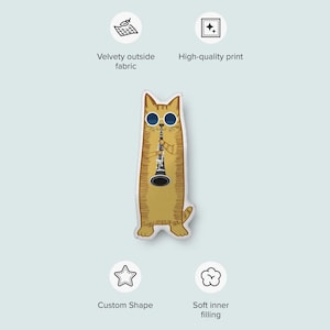 Cool Cat Playing The Clarinet Shaped Pillow / Unique Musician Gift / Sunglasses Cat Pillow / Musician Decor