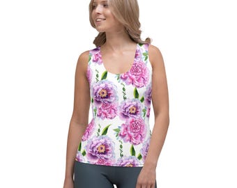 Purple & Pink Peony Floral Woman's Muscle Tank Top / Lightweight Summer Shirt / Women's Athletic Wear