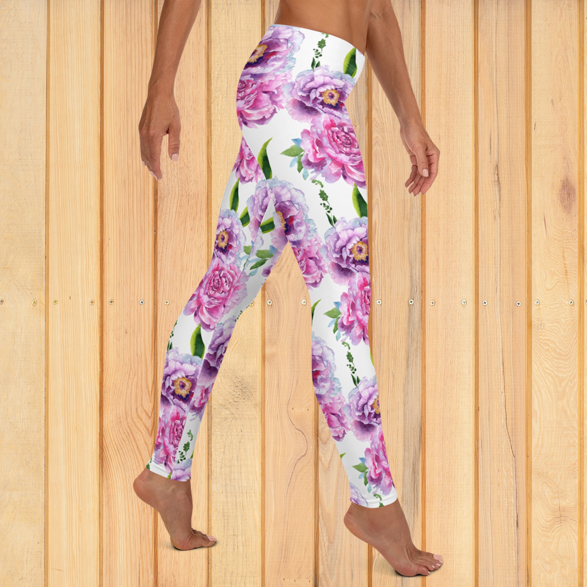 Pink and white flowers indian print Leggings for Sale by