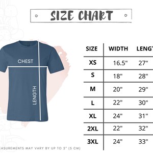 May include: Size chart for a t-shirt with measurements in inches for chest width and length. Sizes include XS, S, M, L, XL, 2XL, and 3XL.