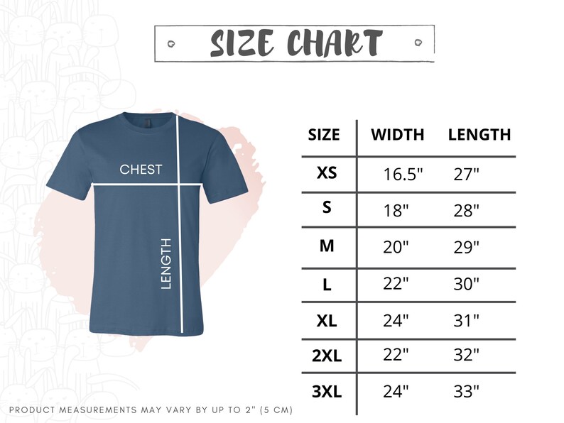 May include: Size chart for a t-shirt with measurements in inches for chest width and length. Sizes include XS, S, M, L, XL, 2XL, and 3XL.