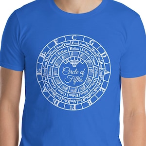 Puede incluir: Una camiseta azul real con un gráfico circular blanco que representa el diagrama de la teoría musical "Círculo de quintas". El diagrama incluye las tonalidades mayores y menores dispuestas en un círculo.
