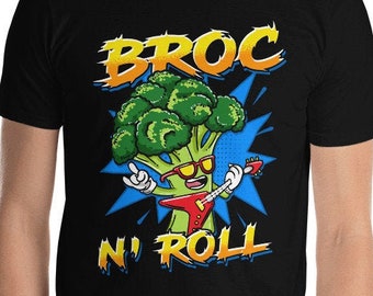 Funny Guitar Player Broc N' Roll Heavy Metal Broccoli Lover Musician Rock & Roll Vegan Style Cartoon Art Rockstar Music Band T-Shirt