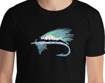 Fly Fishing Mountain Art Trout Salmon Fish Angler River Guide Gear T-Shirt