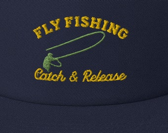 Fly Fishing Catch & Release Trout Angler Embroidered Sewn 5 Panel Camper Cap Hat