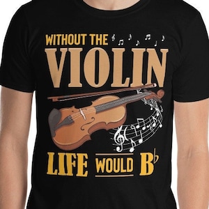 May include: Black t-shirt with a graphic of a violin and the text "Without the violin life would be B flat".