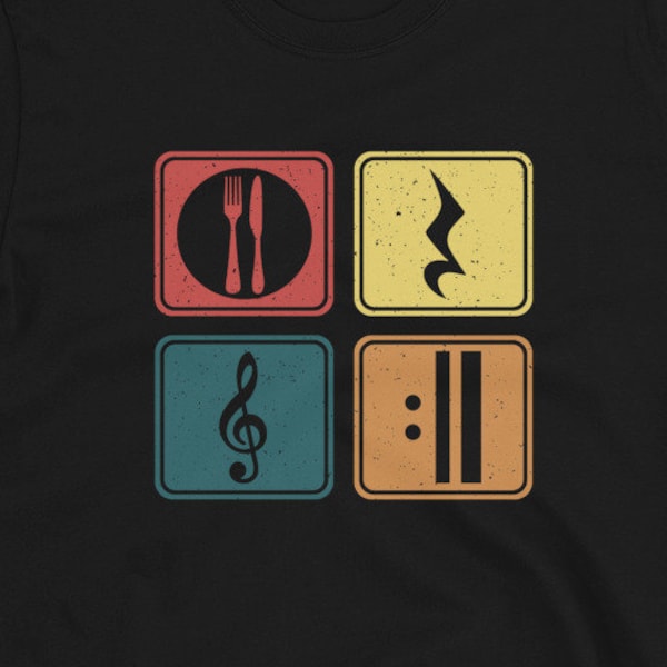 Musiker essen Schlaf spielen Musik wiederholen klassische Theorie Notation Symbole musikalische Komponist Retro Farben T-Shirt