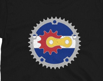 Colorado Bicycle Gears State Flag Colors Mountain Bike Rider MTB Cycling Art Unisex T-Shirt