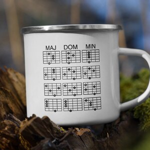 Könnte beinhalten: Eine weiße Emailletasse mit einem schwarz-weißen Gitarrenakkorddiagramm, das auf der Vorderseite aufgedruckt ist. Das Diagramm enthält Dur-, Dominant- und Moll-Akkorde. Die Tasse hat einen silbernen Rand und einen Henkel.