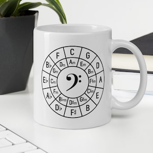 May include: White ceramic mug with a black circle containing musical notes and chords. The circle is labeled with the letters C, F, G, D, A, E, B, and F#.