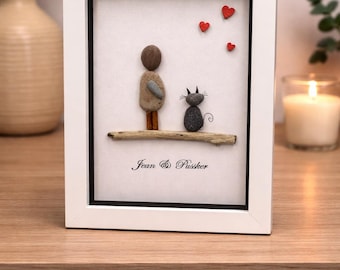 Pebble Art Cat Lover Gift, Personalised Friend and Cat Portrait, pebble art cat, cat pebble art, pebble art gift, framed pebble art