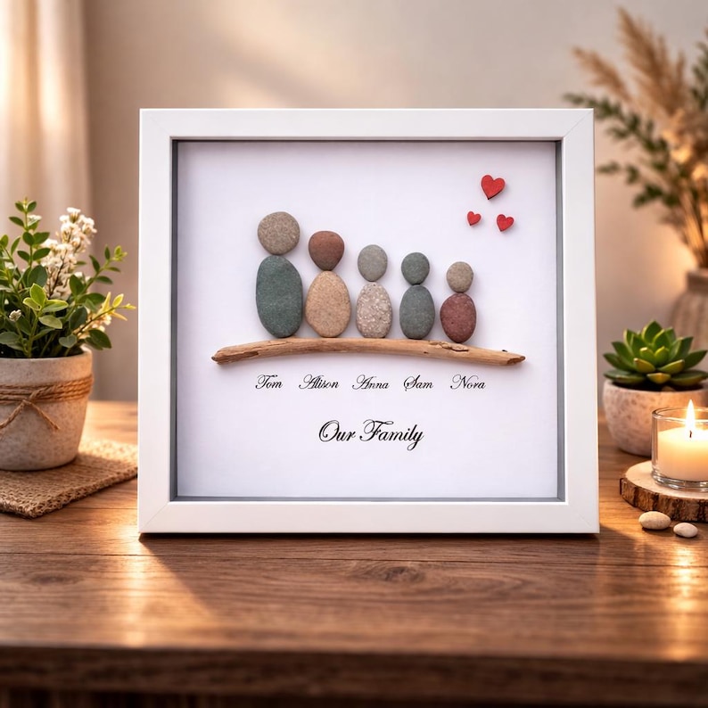 Personalised Family Pebble Art Picture, Scottish Stone Art, family pebble art, pebble art family, framed family art, home decor, framed art image 2