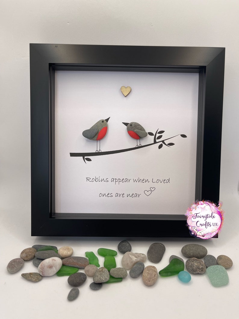 Robins appear when loved ones are near, 4x4 frame pebble art, robin pebble art, rock art, made in Scotland, robin gift, sympathy gift image 2