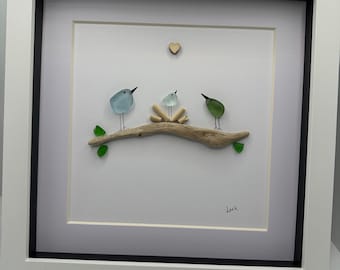 Bird sea glass art, sea glass art, bird family of 3, pebble art, pebble art family, bird art, new born gift, new baby gift