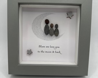 Mother's Day Pebble Art, Framed Family Gift, 4x4, Mother’s Day gift, framed Mother’s Day, pebble art, pebble art gift, mum gift, moon gift