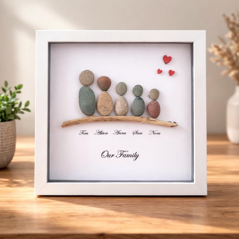 Personalised Family Pebble Art Picture, Scottish Stone Art, family pebble art, pebble art family, framed family art, home decor, framed art image 1