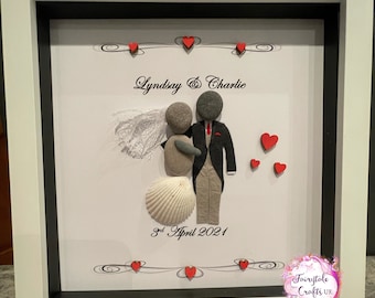 Wedding pebble art, a bride and groom wearing a suit ideal wedding gift for any couple