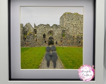 Pitsligo Castle kiezelkunst, kasteelpaar, kiezelkunst, kasteelkiezelkunst, kasteel kijken, rozehartachtig kasteel