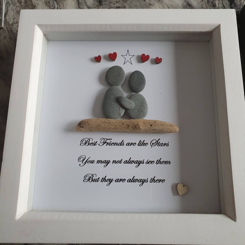 Handcrafted Pebble Art Friend Gift - 3D Rock Picture Frame For Bestie, Sister, Soulmate (7.9"x7.9")