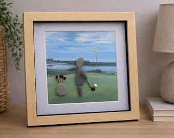 golf pebble art, golfer, Rosehearty golf course, pebble art golf, Aberdeenshire golf, golf gift, pebble art, framed dad gift, framed golfer