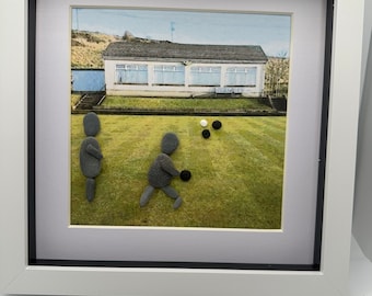 Rosehearty bowling club pebble art,  bowling couple , pebble art, lawn bowls pebble art,, rosehearty bowling, bowling pebble art,