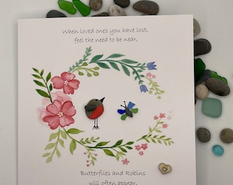Pebble art card, pebble art robin, pebble art, sympathy card, robins are near, handmade card, handmade sympathy card