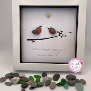 Robins appear when loved ones are near, 4x4 frame pebble art, robin pebble art, rock art, made in Scotland, robin gift, sympathy gift image 1