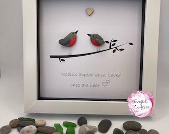 Robins appear when loved ones are near, 4”x4” frame pebble art, robin pebble art, rock art, made in Scotland, robin gift, sympathy gift