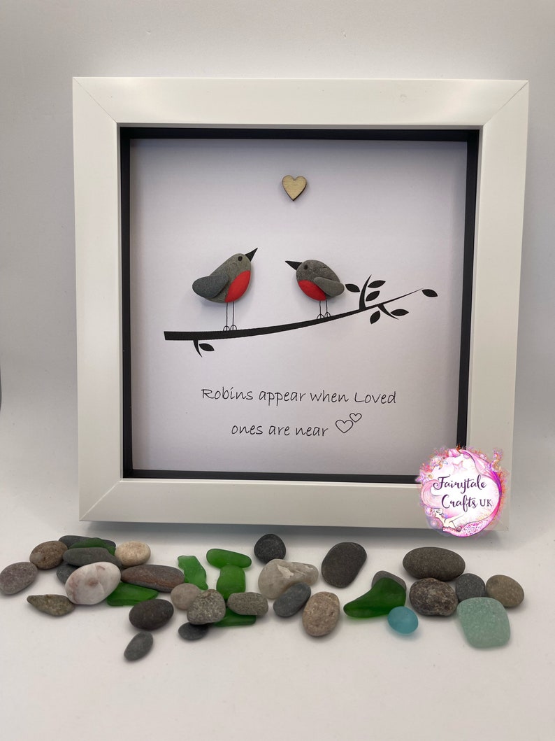 Robins appear when loved ones are near, 4x4 frame pebble art, robin pebble art, rock art, made in Scotland, robin gift, sympathy gift image 1