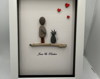 Cat pebble art, pebble art cat, lady and cat gift, cat lover gift, friend gift, pebble art friend