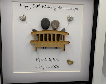 Pebble Art Couple Portrait, Anniversary Gift, Framed Pebble Picture, bench couple, pebble art, pebble art couple, bench gift, anniversary