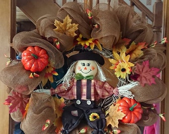 Fall/Halloween autumn scarecrow wreath door hanger handmade deco mesh