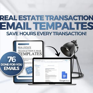 Puede incluir: Imagen que promociona plantillas de correo electrónico de bienes raíces. El texto dice "REAL ESTATE TRANSACTION EMAIL TEMPALTES SAVE HOURS EVERY TRANSACTION!". Una tableta y una computadora portátil muestran plantillas de correo electrónico. Un gráfico circular dice "76 DONE-FOR-YOU EMAILS."