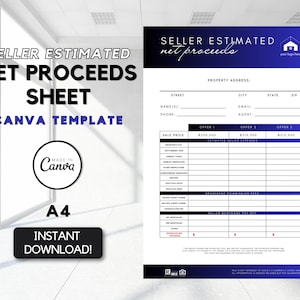 Puede incluir: Una plantilla de hoja de cálculo de ingresos netos del vendedor imprimible en azul y blanco para calcular los gastos estimados del vendedor. La plantilla incluye secciones para el precio de venta, los gastos estimados del vendedor, las comisiones de corretaje, el pago de la hipoteca del vendedor y otros gastos. La plantilla está hecha en Canva y es una descarga instantánea.
