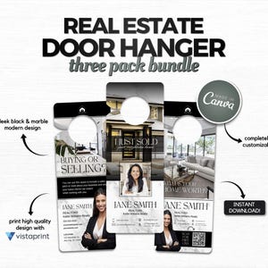 Puede incluir: Un paquete de tres colgadores de puerta de bienes raíces. El diseño es negro elegante y mármol. Los colgadores de puerta presentan el texto "REAL ESTATE DOOR HANGER three pack bundle", "BUYING OR SELLING?", "WHAT'S YOUR HOME WORTH?" y "JUST SOLD". Personalizable y descarga instantánea.
