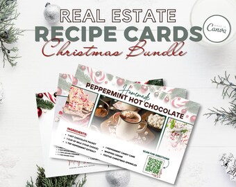 Paquete de postales inmobiliarias con recetas navideñas, marketing inmobiliario, agricultura inmobiliaria de invierno, 4 tarjetas con recetas de invierno, plantilla Canva