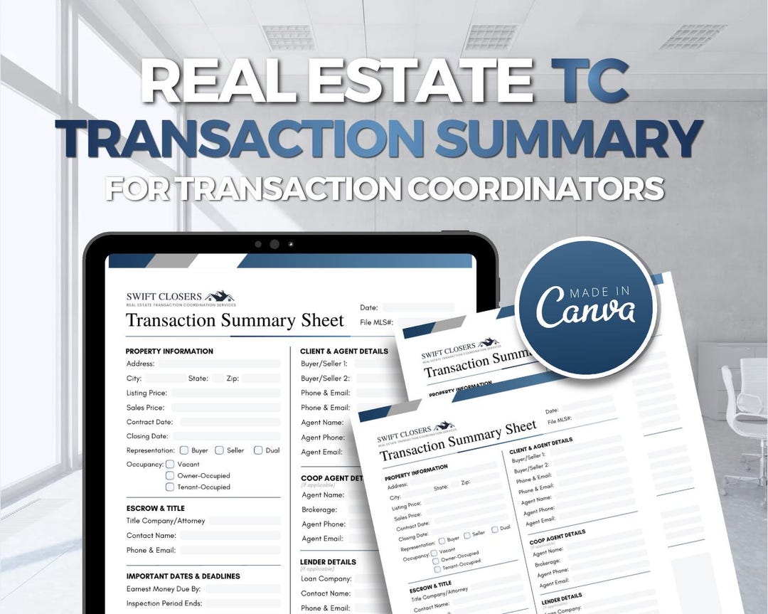 Real Estate Transaction Summary Sheet | Editable Canva Template ...