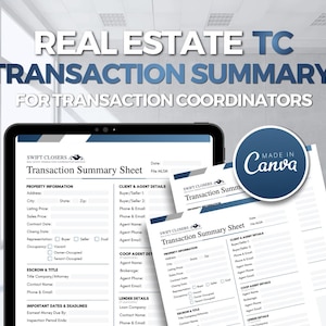 Puede incluir: Una tableta digital y hojas impresas que muestran una hoja de resumen de transacciones inmobiliarias. Los documentos son blancos con detalles en azul e incluyen secciones para información de la propiedad, detalles del cliente y fechas importantes. El texto de la imagen dice "Real Estate TC Transaction Summary".