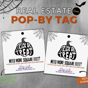 トリック・オア・トリート 不動産業者向けハロウィーン ポップバイ タグ、編集可能な CANVA テンプレート、秋のマーケティング、不動産業者ギフト タグ