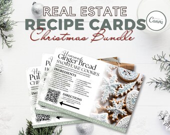 Paquete de postales inmobiliarias con recetas navideñas / Marketing inmobiliario / Agricultura inmobiliaria de invierno / 4 tarjetas con recetas de invierno / Plantilla Canva