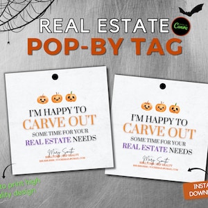 Halloween Pumpkin Care Out Time For You - Pop By Tags for Real Estate Agents, EDITABLE CANVA template, Fall Marketing, RealtorGift Tags