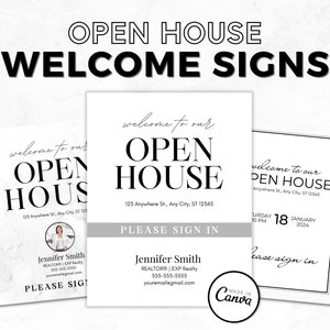 Offre groupée de portes ouvertes pour l'immobilier, plaques de bienvenue pour portes ouvertes, enseigne PDF imprimable pour immobilier, modèle Canva, portes ouvertes pour agent immobilier