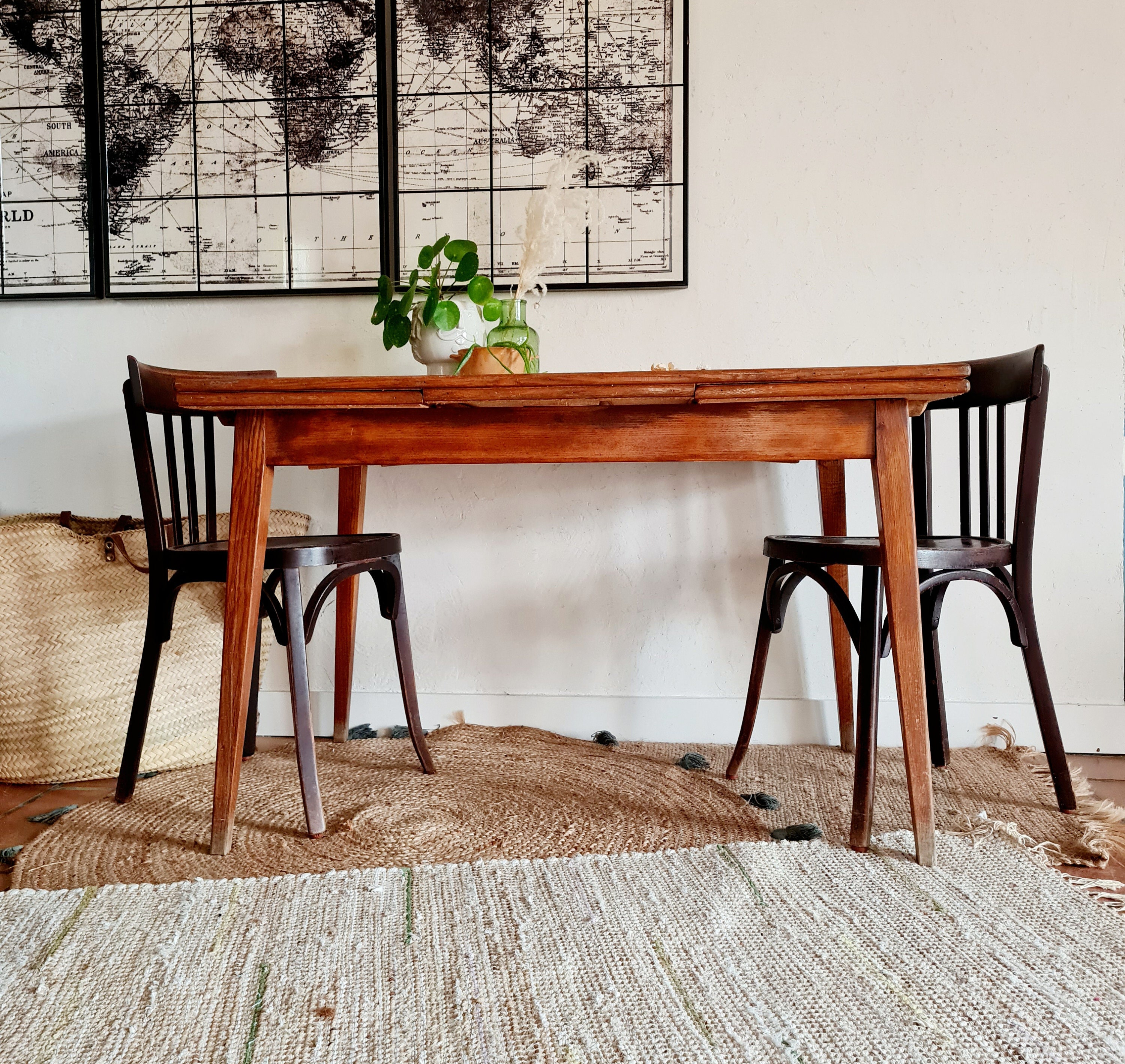 Table en Bois Vintage Pieds Compas Plateau Moucheté - Table Ancienne Année 60 Factory Vintage