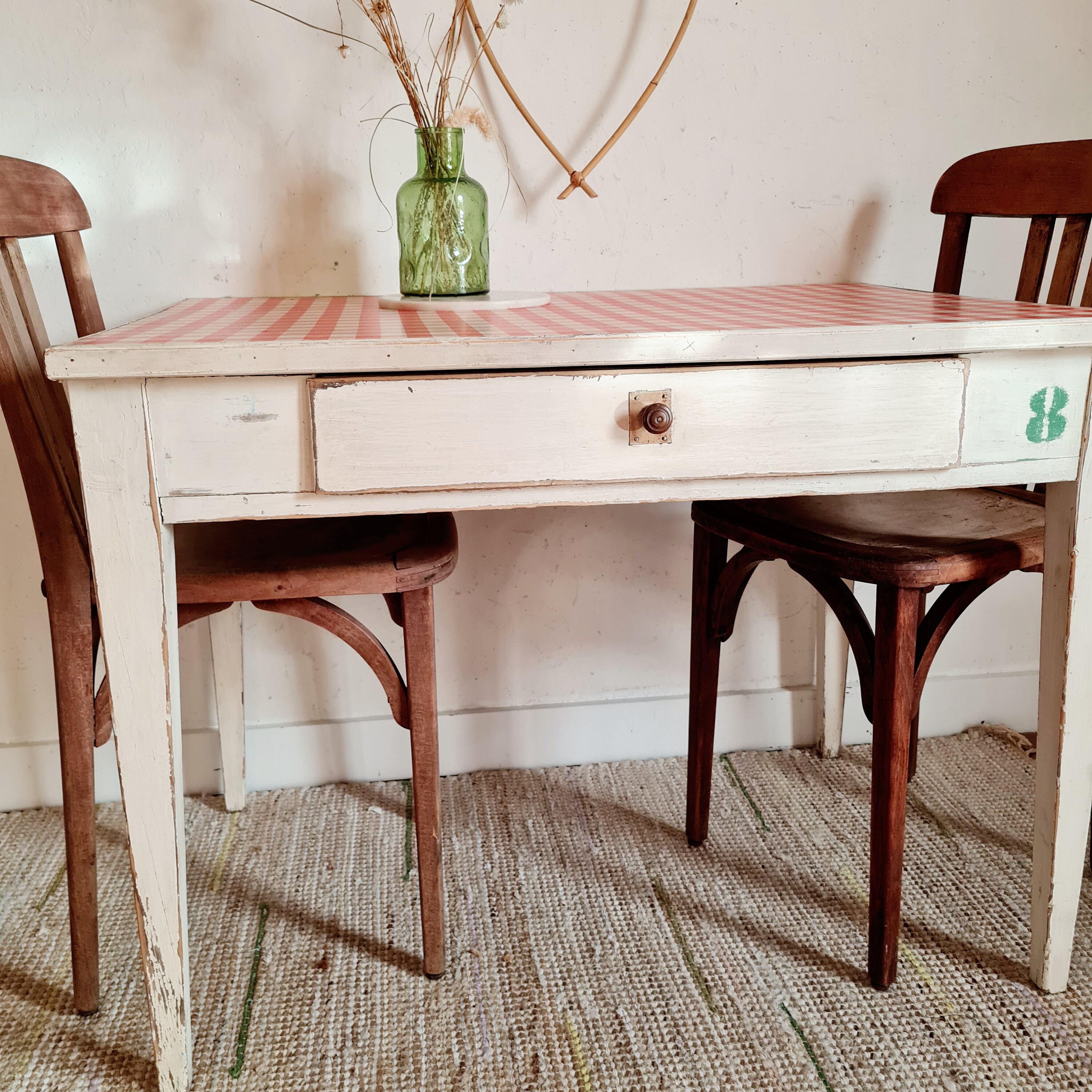 Table de Ferme Patinée Blanche Plateau Vichy - Table Patine Factory Vintage