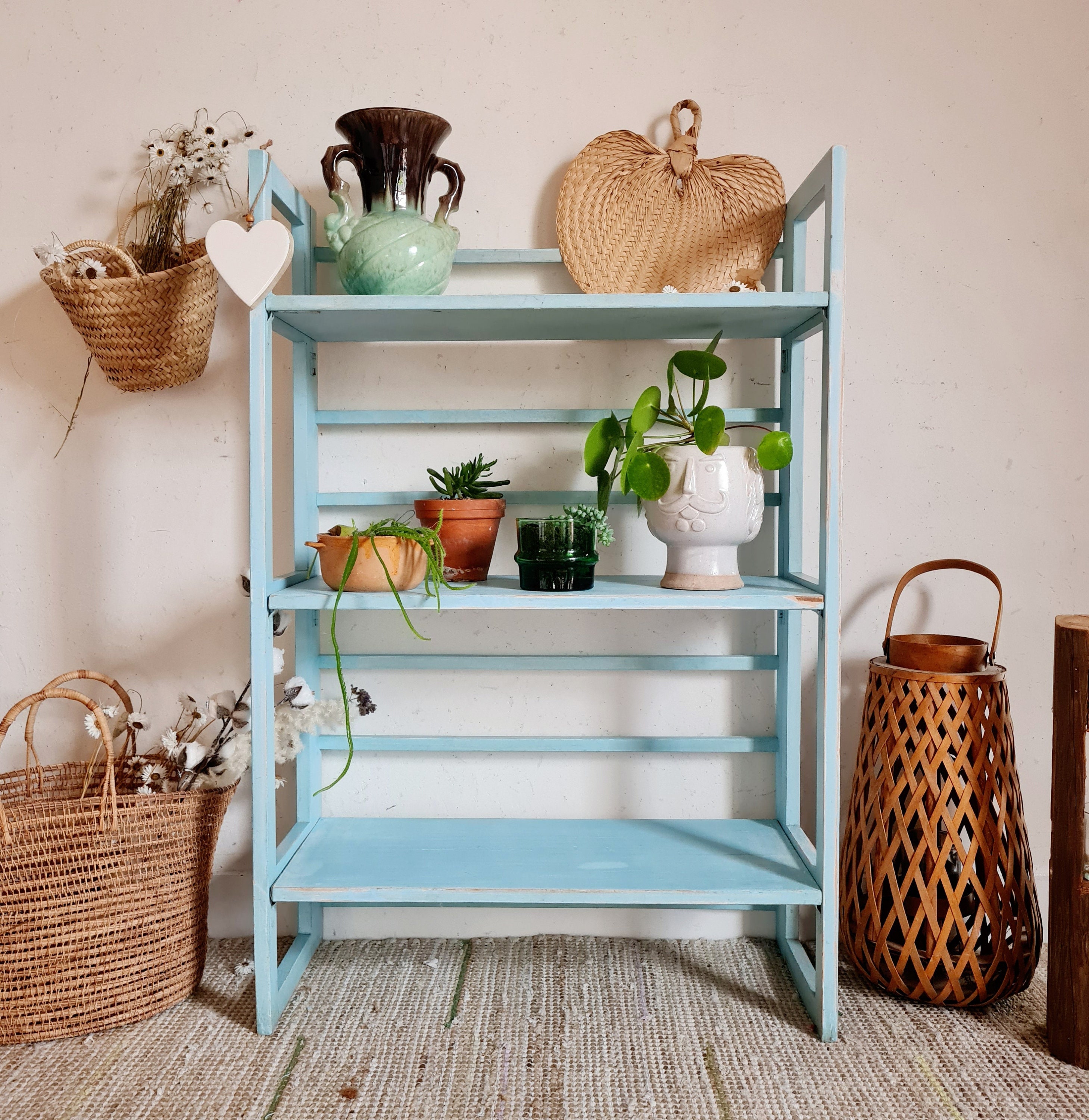 Etagère en Bois Patine Bleue - Porte Plantes Rétro Bibliothèque Ancienne Deco Factory Vintage