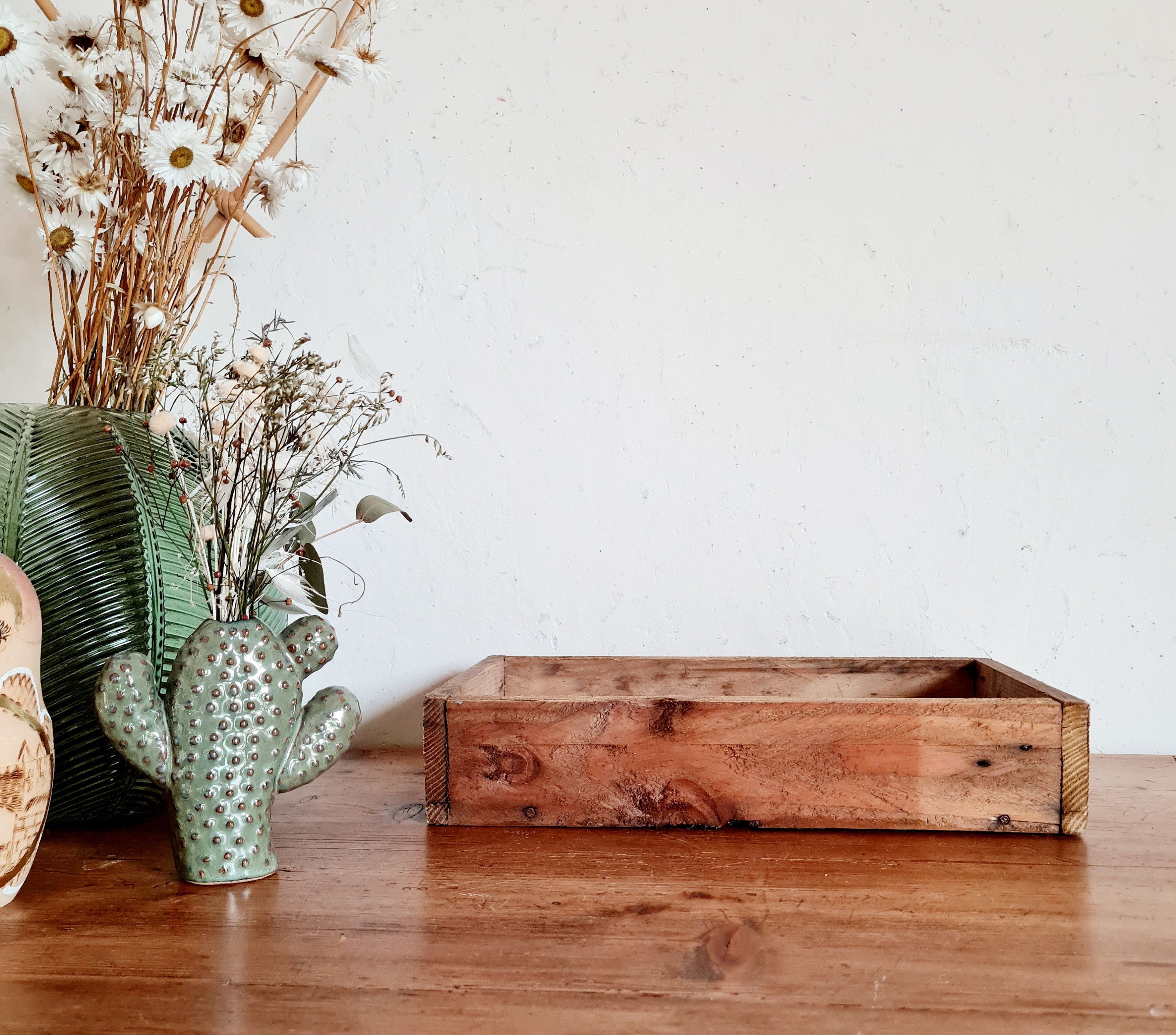 Boîte en Bois Ancienne - Mini Jardinière Rangement Bureau Bois