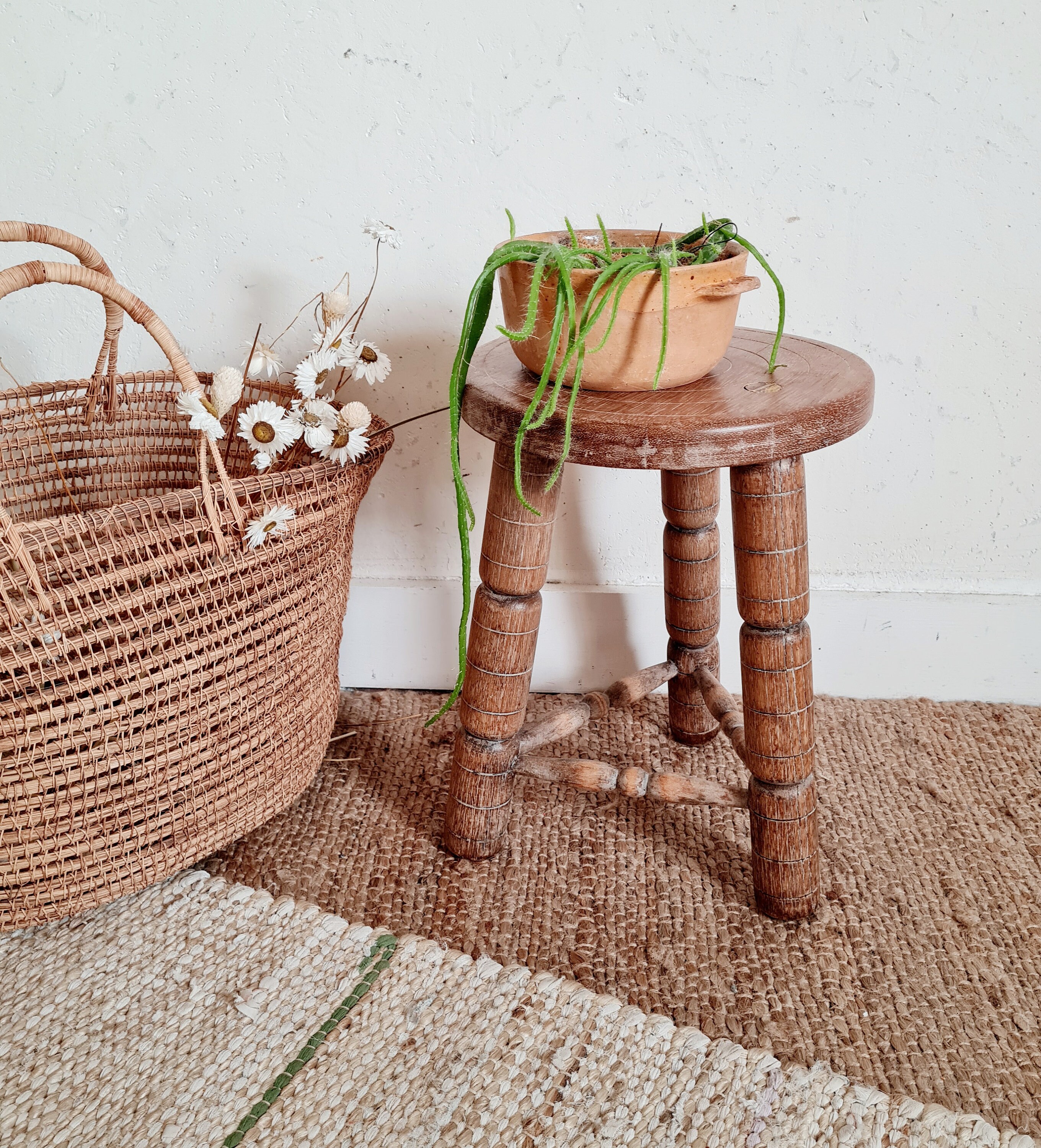 Tabouret Ancien de Ferme Tripode - Sellette en Bois Ancienne Déco Terrasse Boho Old French Stool Fac