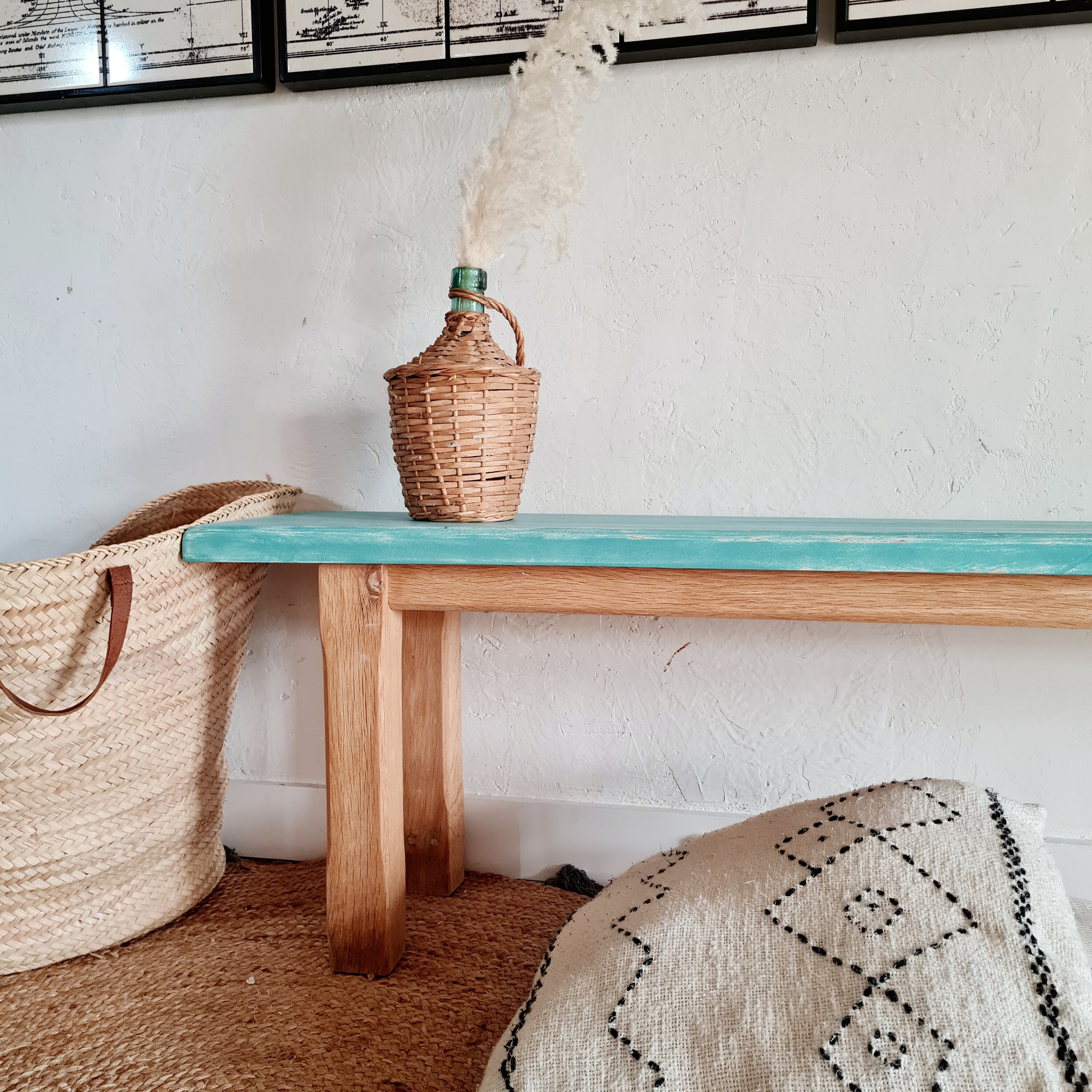 Banc de Ferme en Chêne Rénové Assise Bleue - Banc Ancien avec Factory Vintage